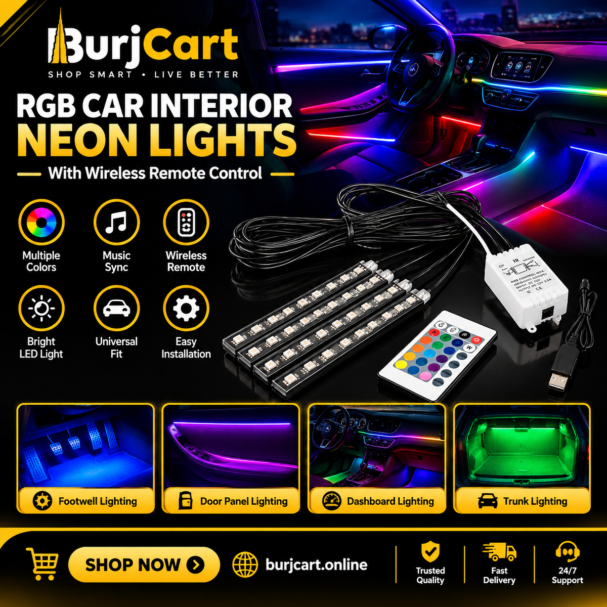 RGB Car Interior Neon Lights with Wireless Remote Control